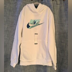 Nike White and Teal Logo Hoodie